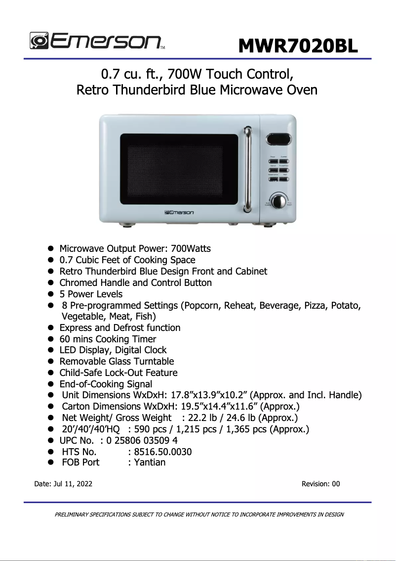 Page n°1 - Fiche technique Emerson MWR7020BL