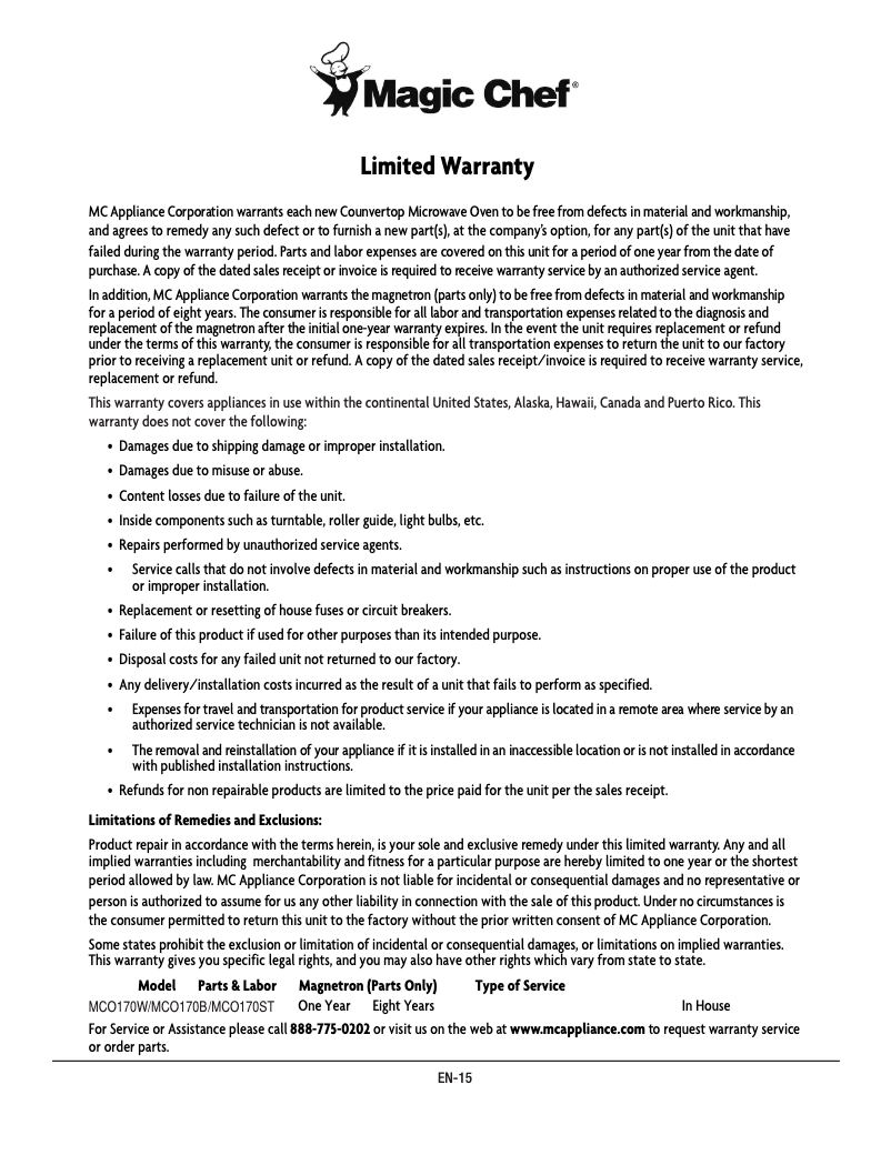 Page 1 de la notice Informations de garantie Magic Chef MCO170W