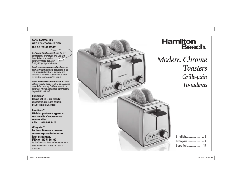 Page 1 de la notice Manuel utilisateur Hamilton Beach 24791