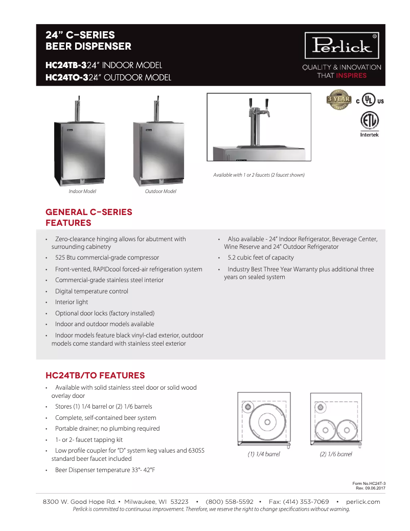 Page n°1 - Fiche technique Perlick HC24TB-3-2L2