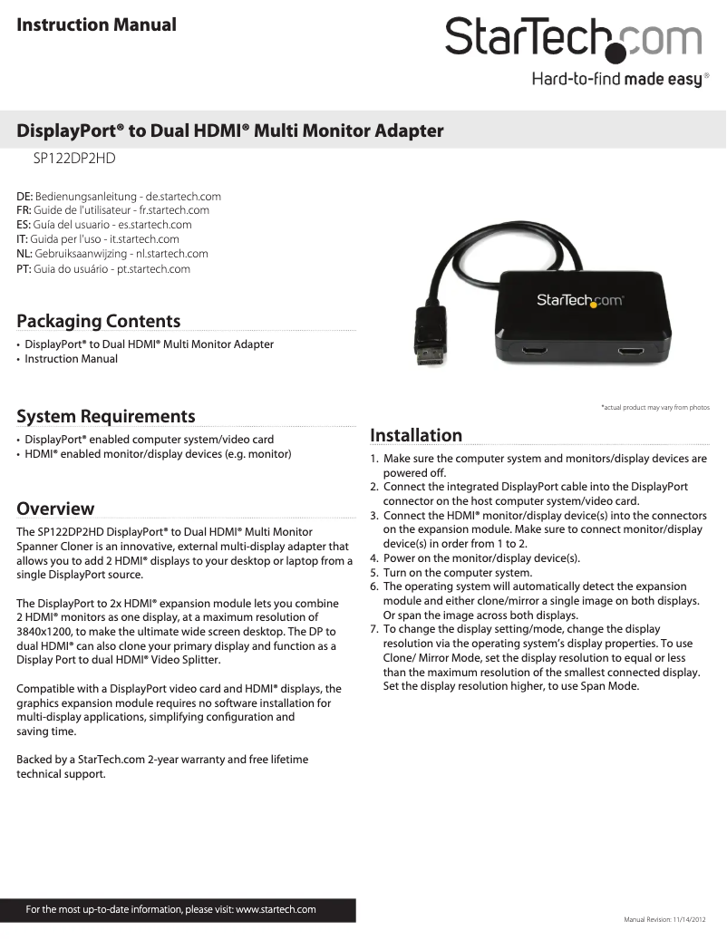 Page 1 de la notice Manuel utilisateur StarTech.com SP122DP2HD