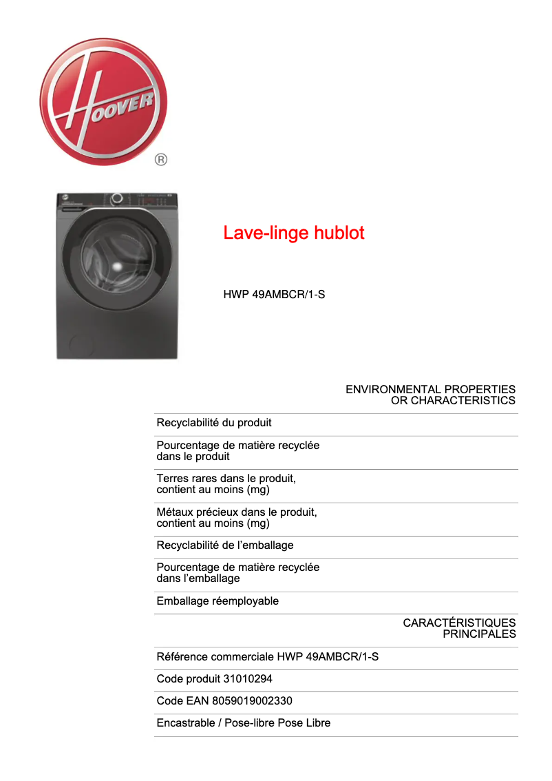 Page n°1 - Fiche technique Hoover HWP 49AMBCR/1-S