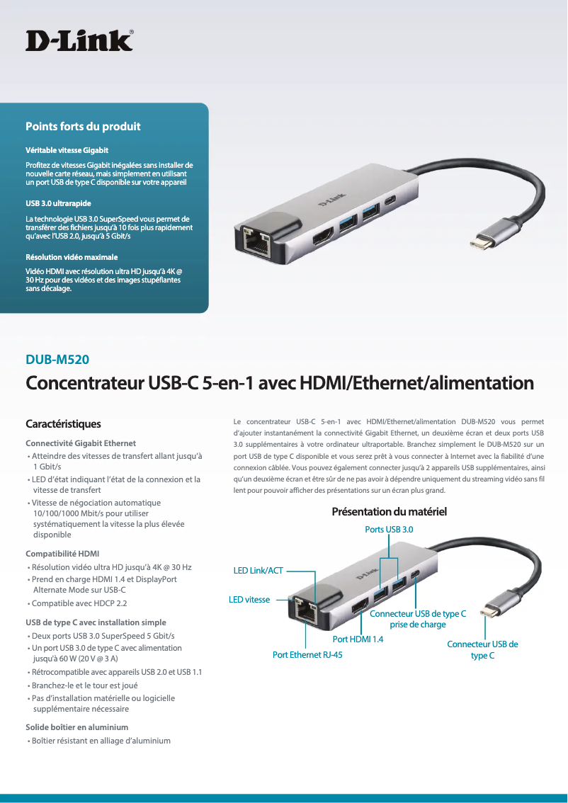 Page 1 de la notice Fiche technique D-Link DUB-M520