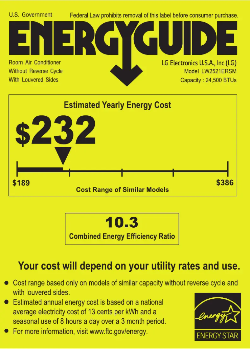 Page 1 de la notice Label énergétique LG LW2521ERSM