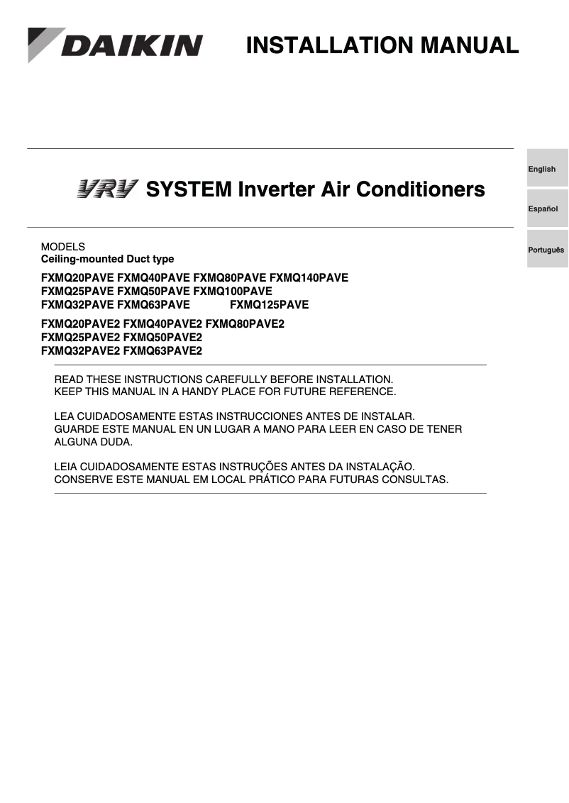 Image de la première page du manuel de l'appareil FXMQ140PAVE