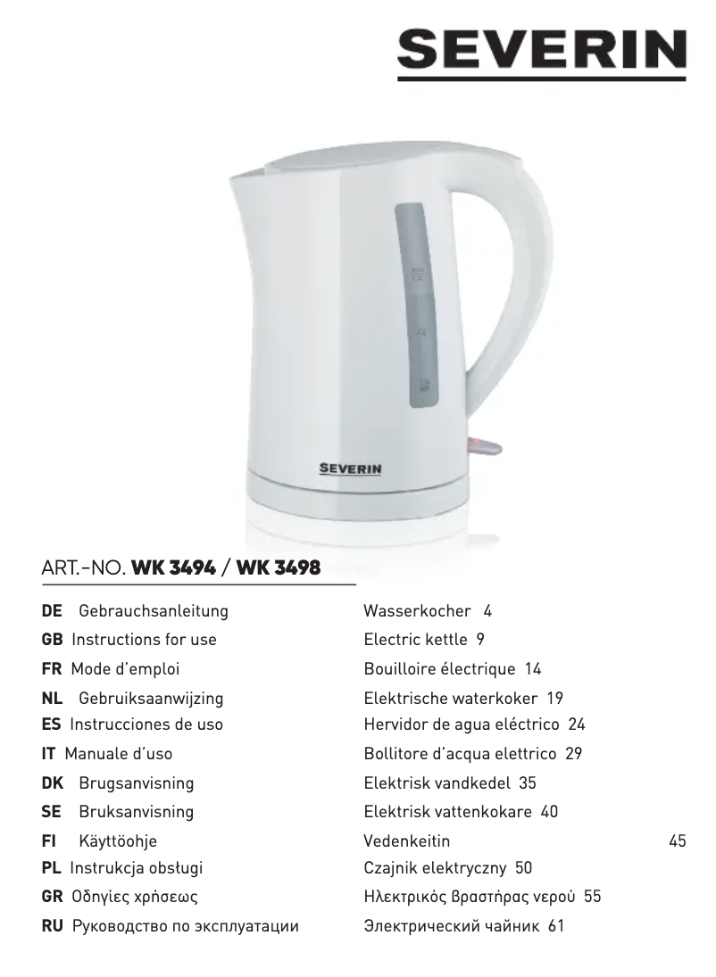 Page 1 de la notice Fiche technique Severin WK 3498