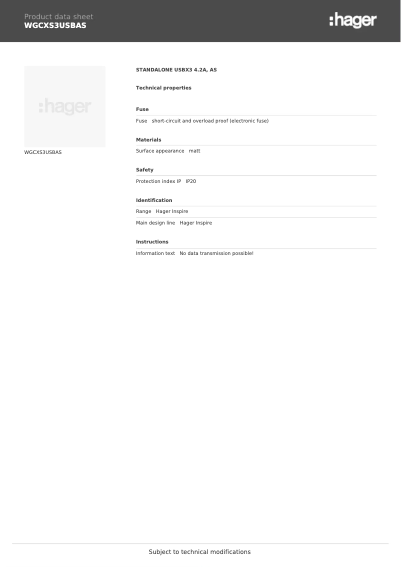 Page 1 de la notice Fiche technique Hager WGCXS3USBAS
