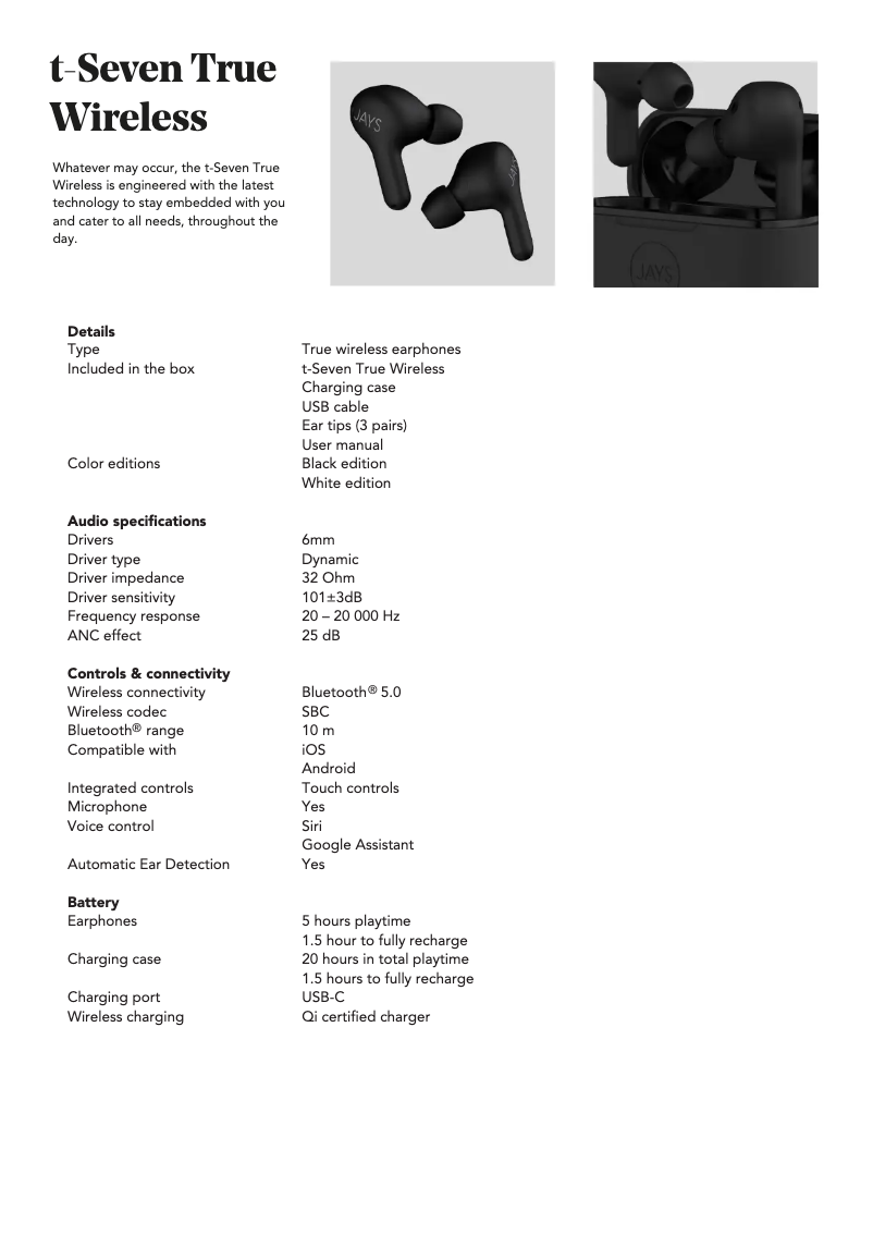 Page 1 de la notice Fiche technique JAYS t-Seven