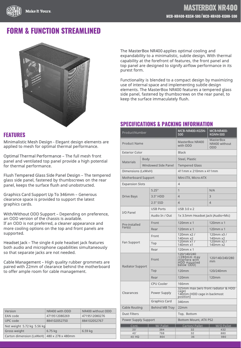 Page 1 de la notice Manuel utilisateur Cooler Master MasterBox NR400