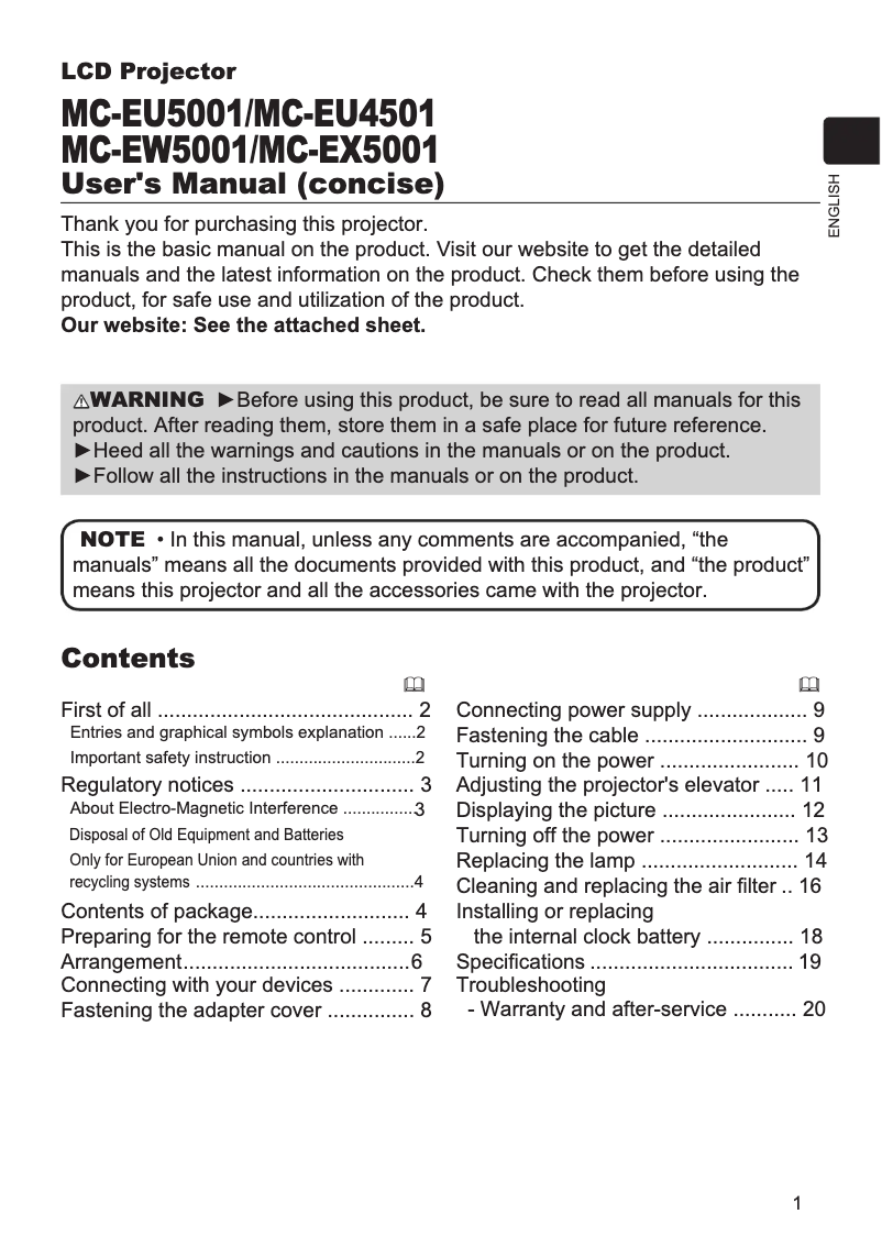 Page 1 de la notice Manuel utilisateur Hitachi MC-EU5001
