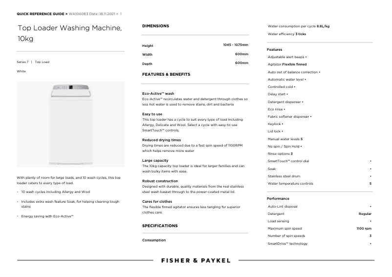 Page n°1 - Manuel utilisateur Fisher & Paykel WA1060E3