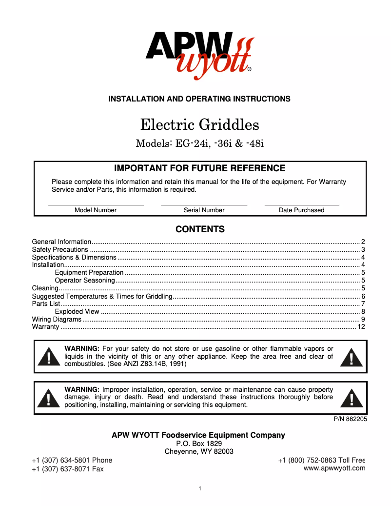 Page 1 de la notice Manuel utilisateur APW Wyott EG-24i