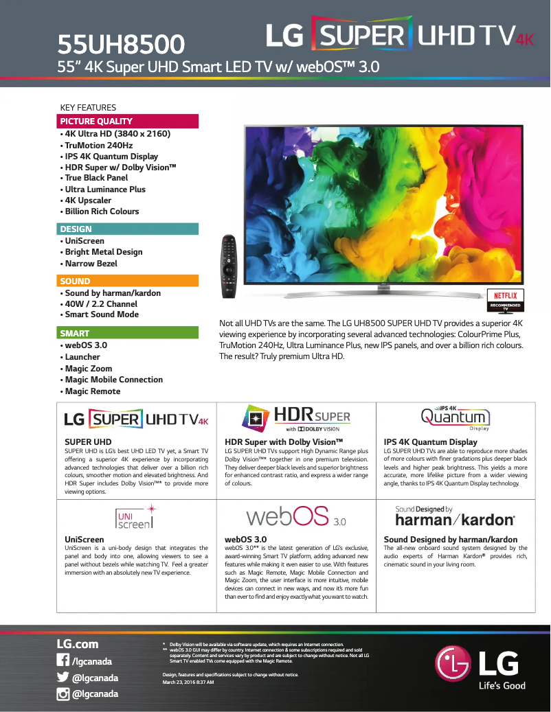 Page 1 de la notice Fiche technique LG 55UH8500