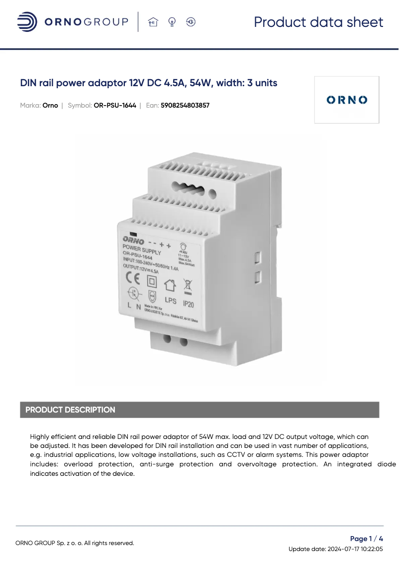 Página 1 del manual Ficha técnica ORNO OR-PSU-1644