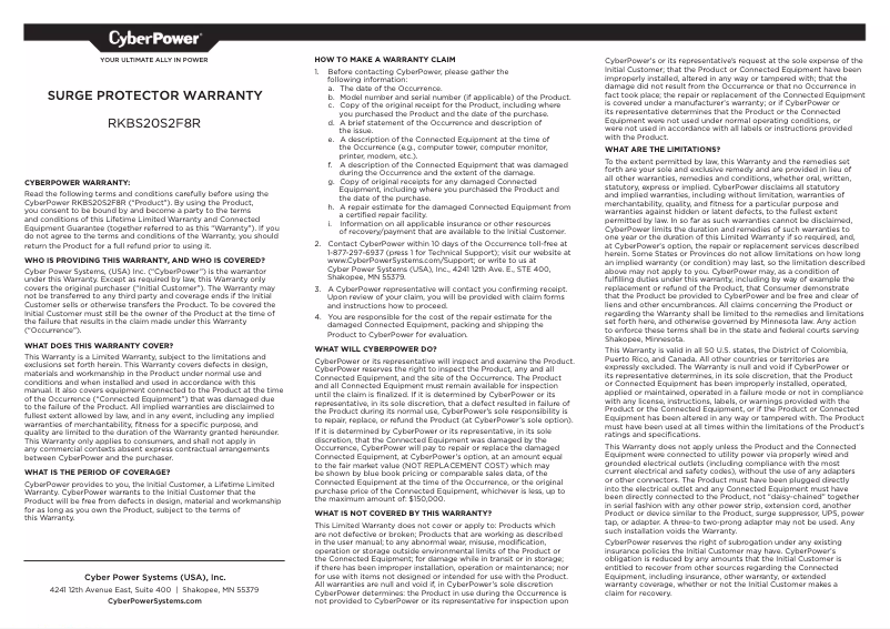 Page n°1 - Informations de garantie CyberPower Rackbar RKBS20S2F8R