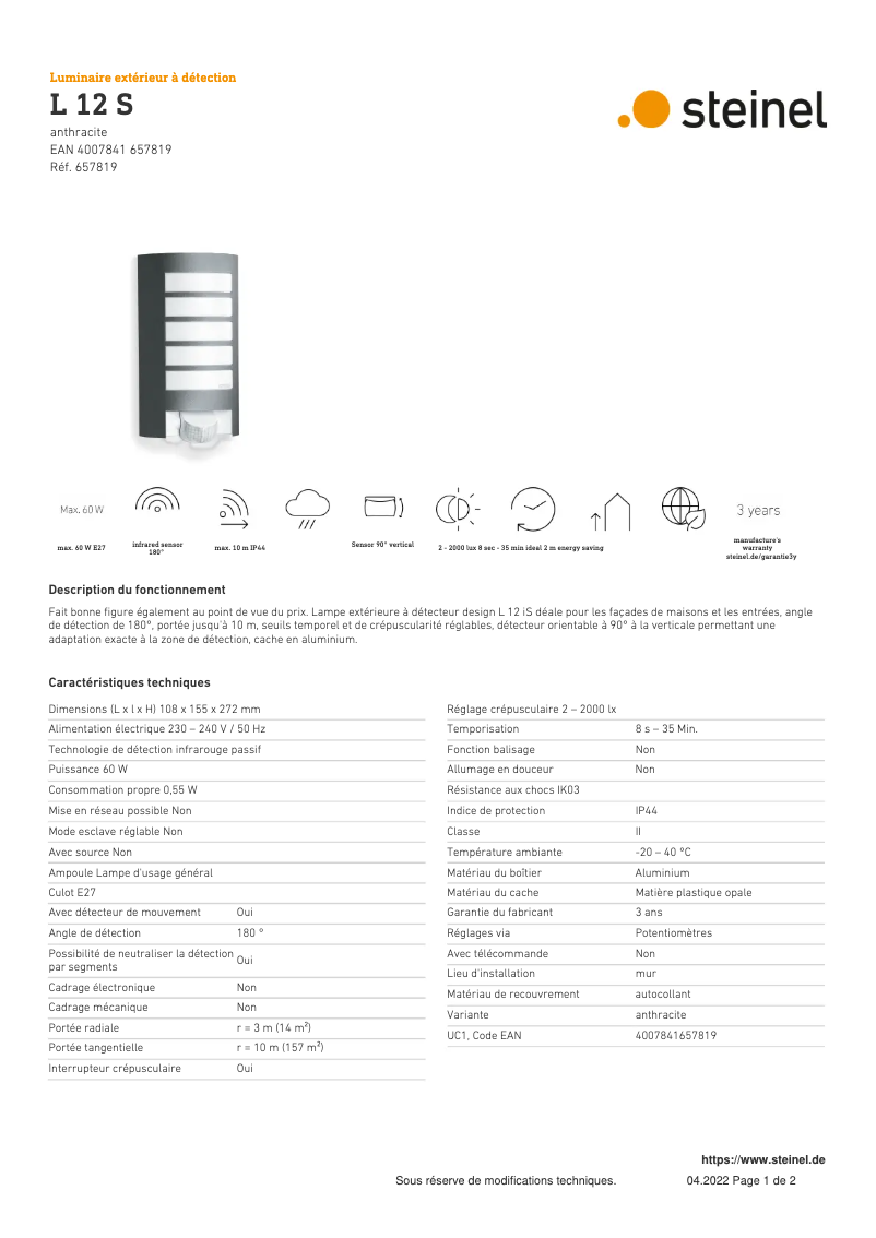 Page 1 de la notice Fiche technique Steinel L 12 S