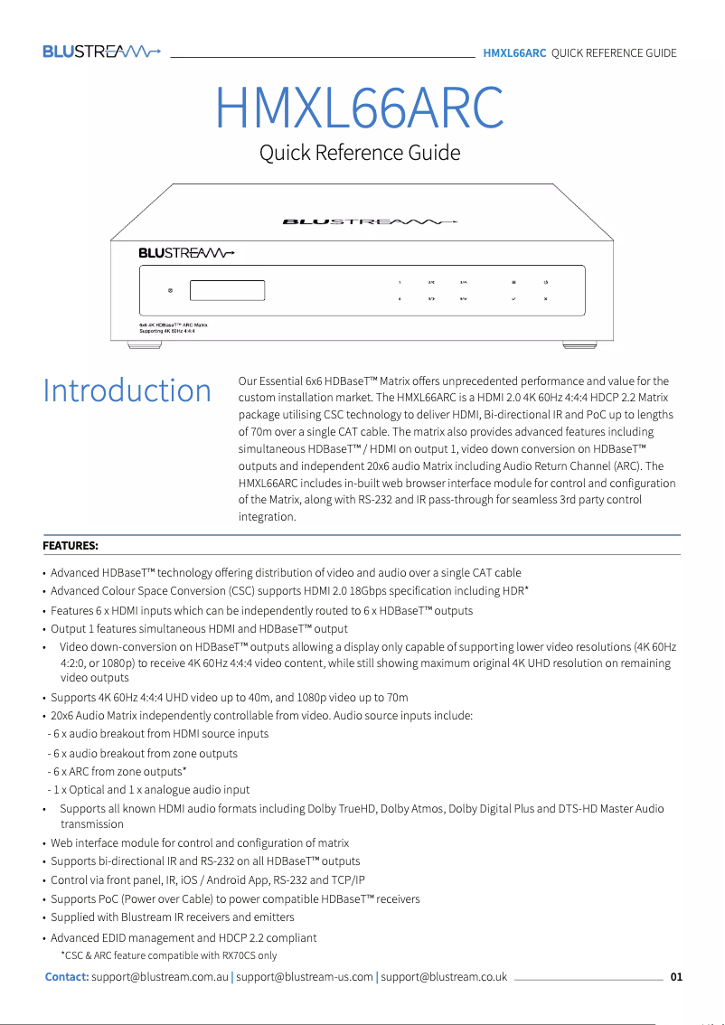 Page n°1 - Guide de démarrage rapide Blustream HMXL66ARC