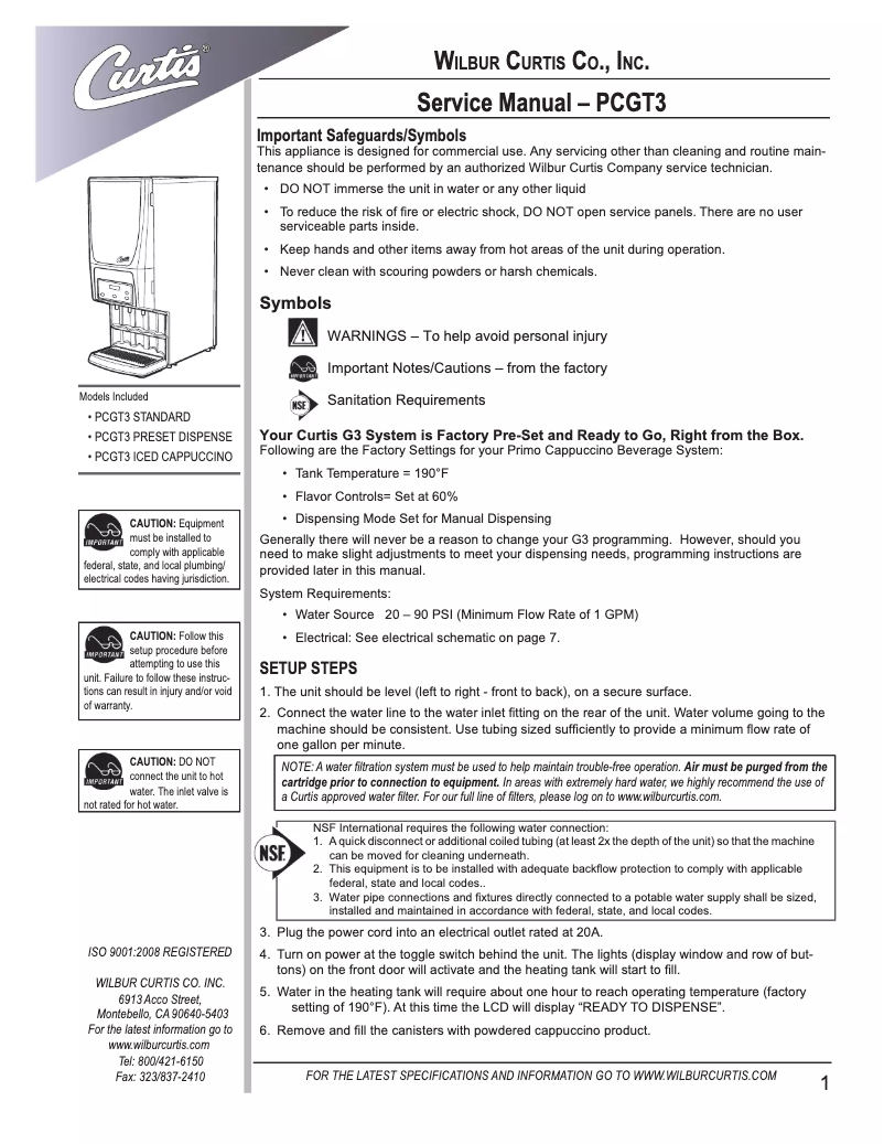 Page 1 de la notice Manuel utilisateur Wilbur Curtis PCGT3
