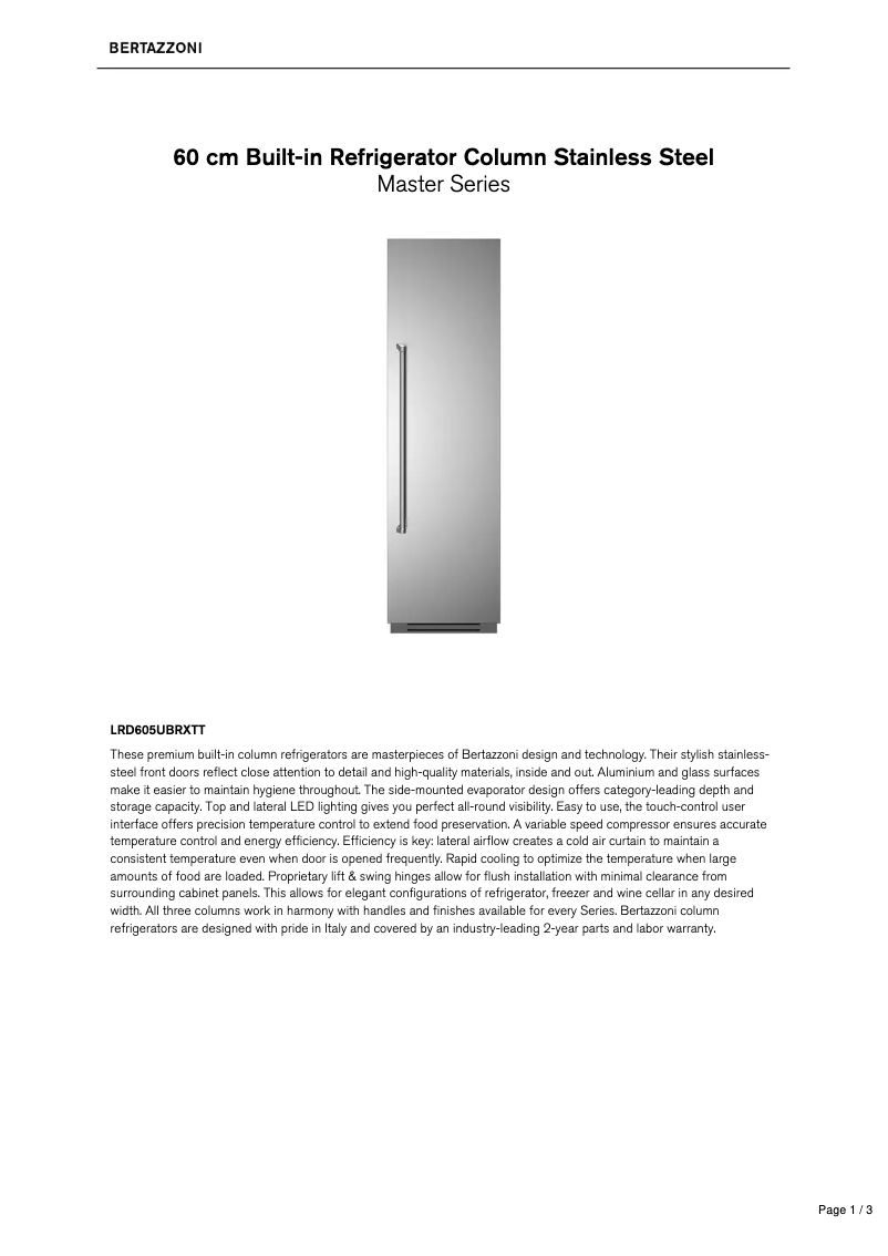 Page 1 de la notice Fiche technique Bertazzoni LRD605UBRXTT