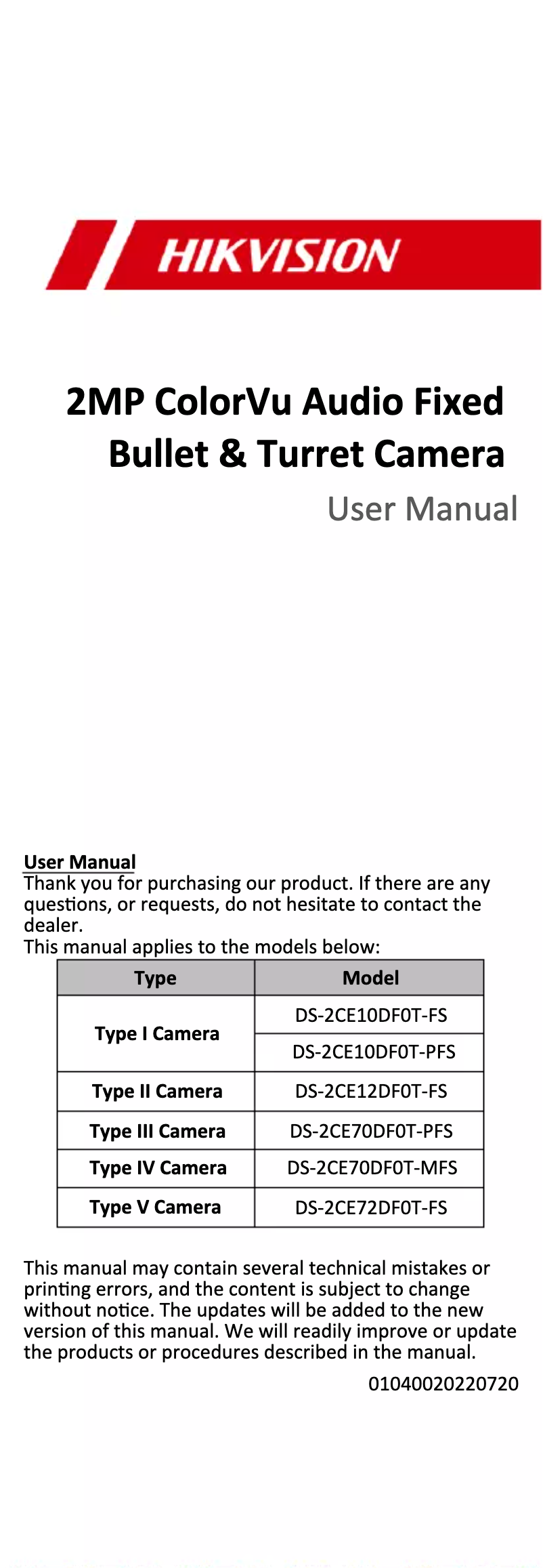 Page 1 de la notice Manuel utilisateur Hikvision DS-2CE70DF0T-MF