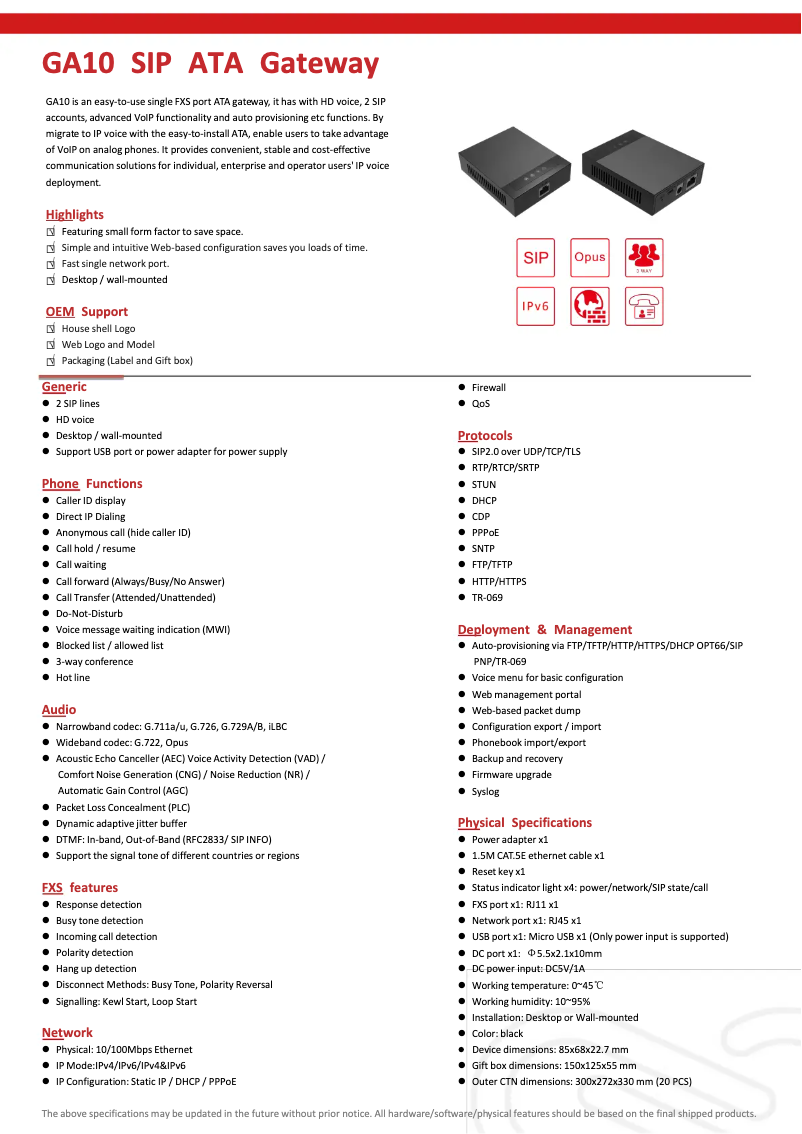 Page 1 de la notice Fiche technique Fanvil GA10