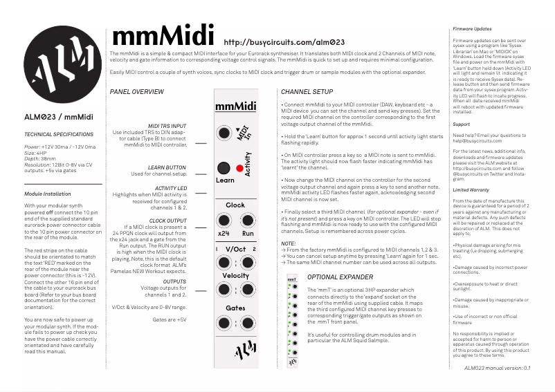 Page n°1 - Manuel utilisateur ALM mmMidi ALM-023
