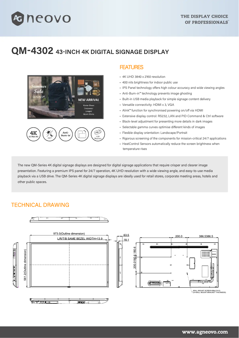 Page 1 de la notice Fiche technique AG Neovo QM-4302