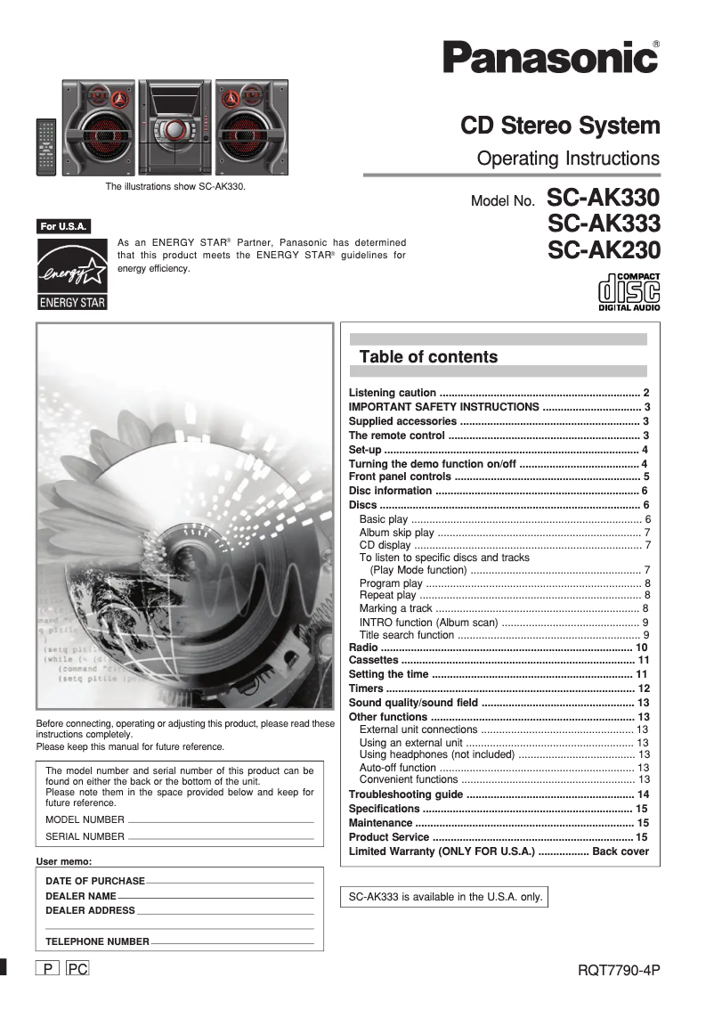 Page n°1 - Manuel utilisateur Panasonic SC-AK333