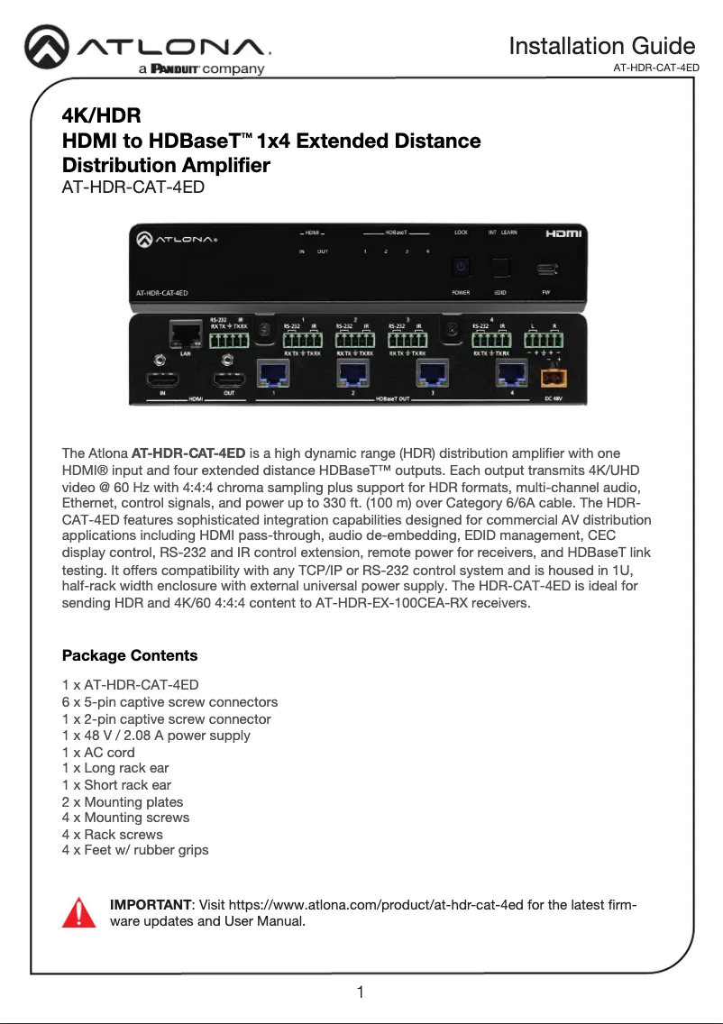 Página 1 del manual Guía de instalación Atlona AT-HDR-CAT-4ED