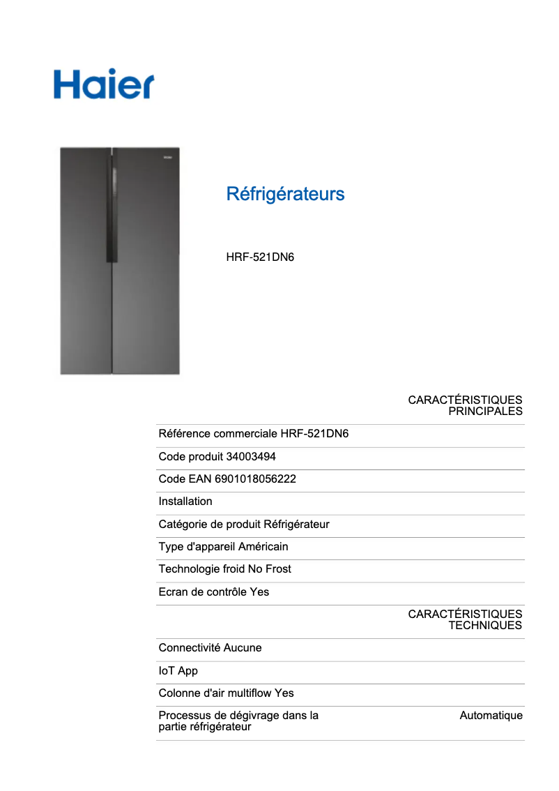 Page n°1 - Label énergétique Haier HRF-521DN6