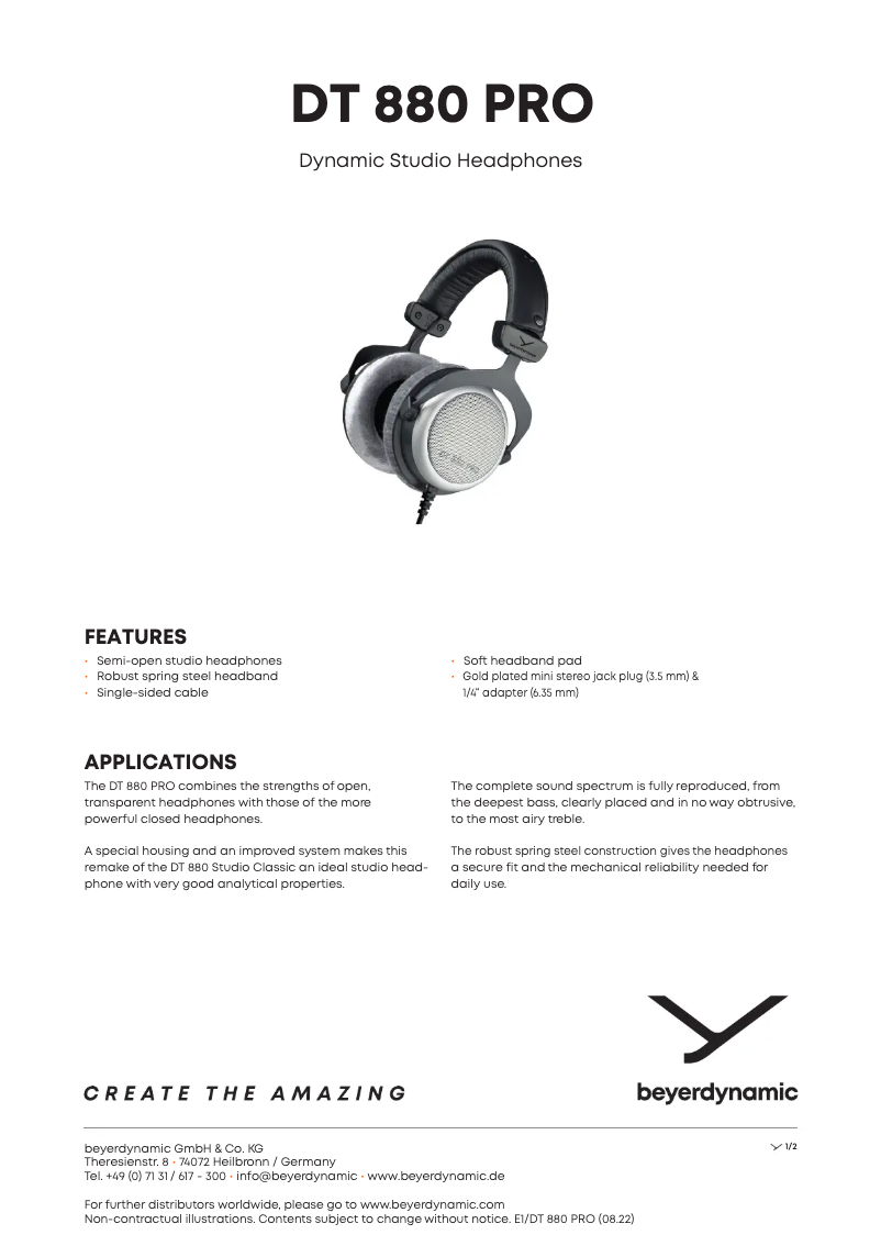 Page 1 de la notice Fiche technique Beyerdynamic DT 880 Pro