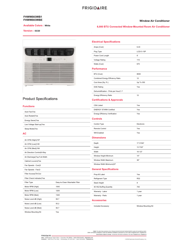 Page 1 de la notice Fiche technique Frigidaire FHWW083WB1