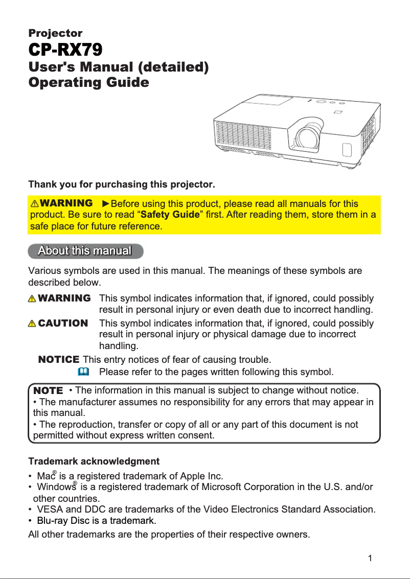 Page 1 de la notice Manuel utilisateur Hitachi CP-RX79ZEP