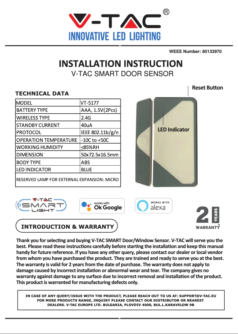 Page 1 de la notice Manuel utilisateur V-TAC VT-5177