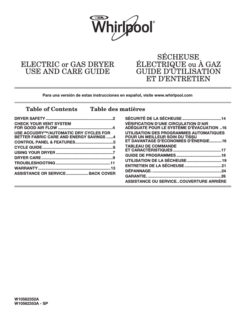 Page 1 de la notice Mode d'emploi Whirlpool WGD4815EW