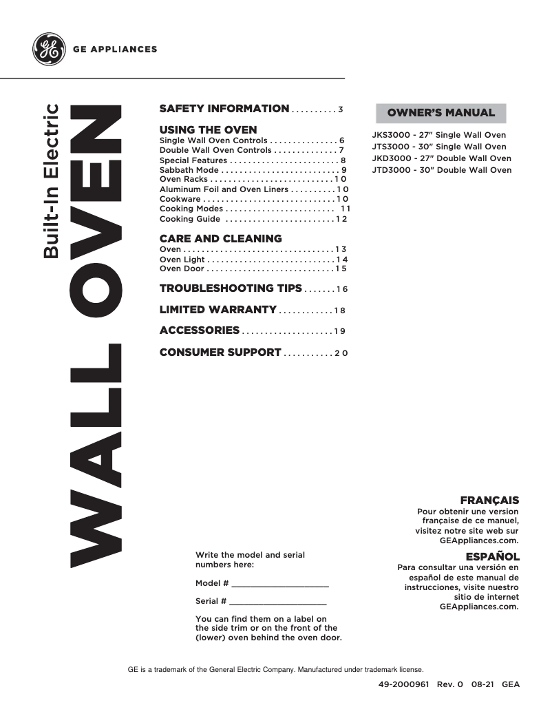 First page image of the manual for JKS3000SNSS