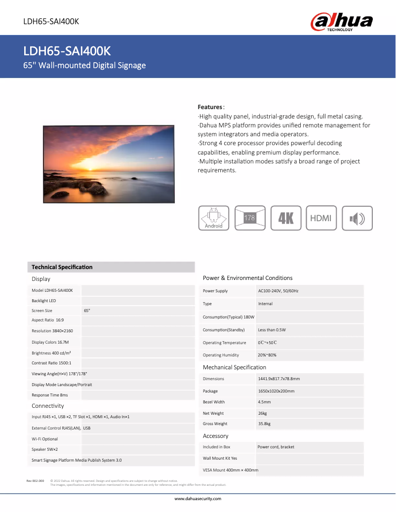 Page n°1 - Fiche technique Dahua Technology LDH65-SAI400K