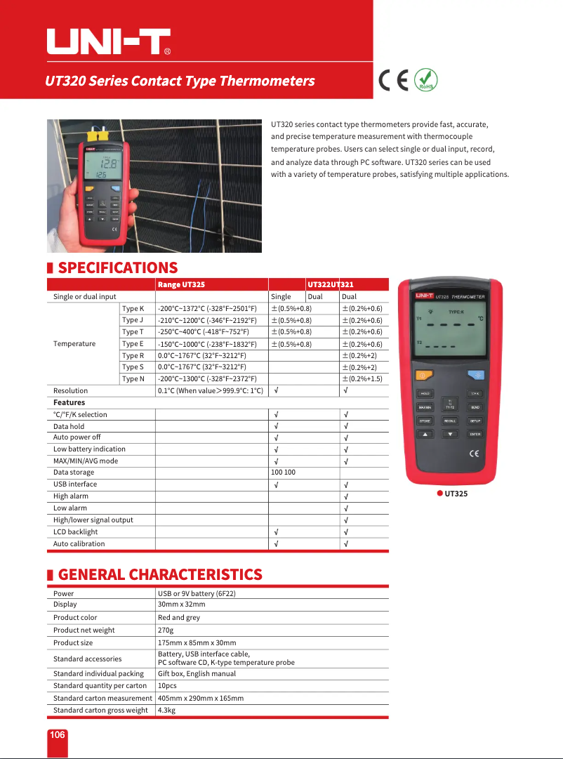 Page 1 de la notice Fiche technique Uni-T UT325