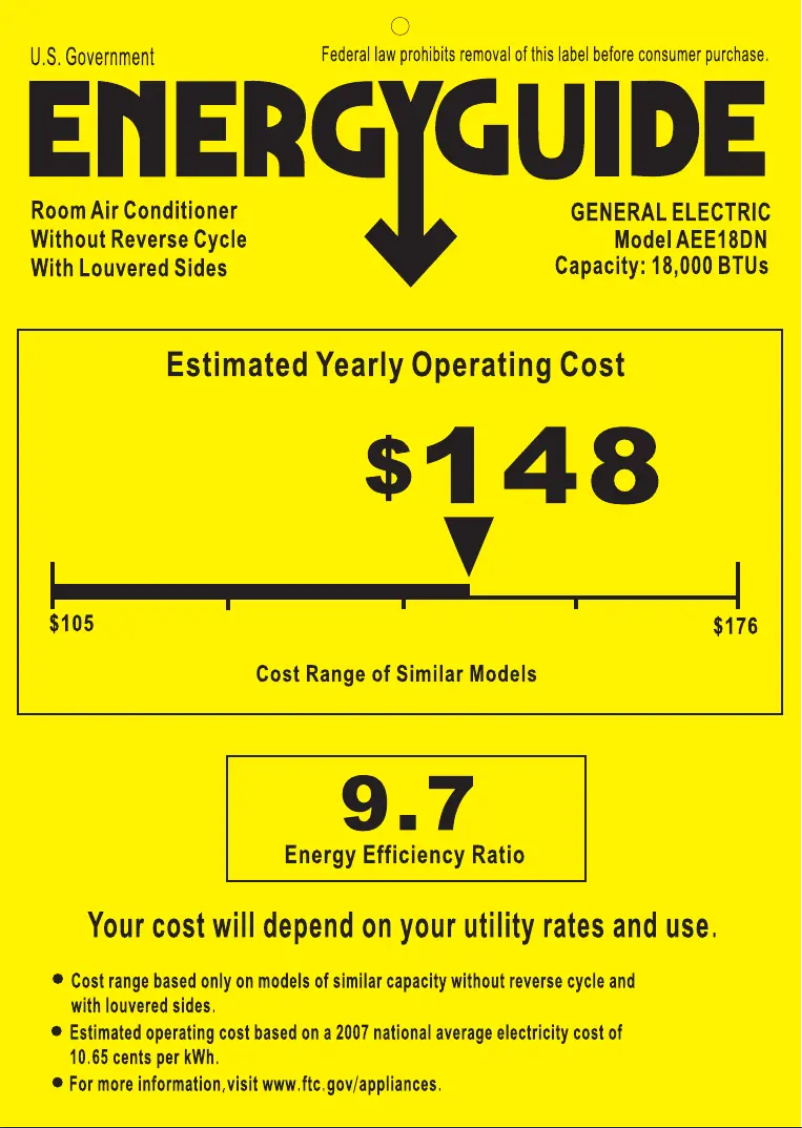 Page 1 de la notice Label énergétique GE AEE18DN