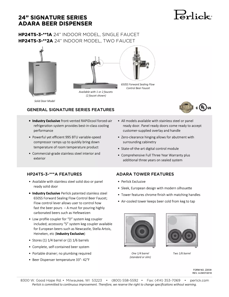 Página 1 del manual Ficha técnica Perlick Signature Series HP24TS-3-1R2A