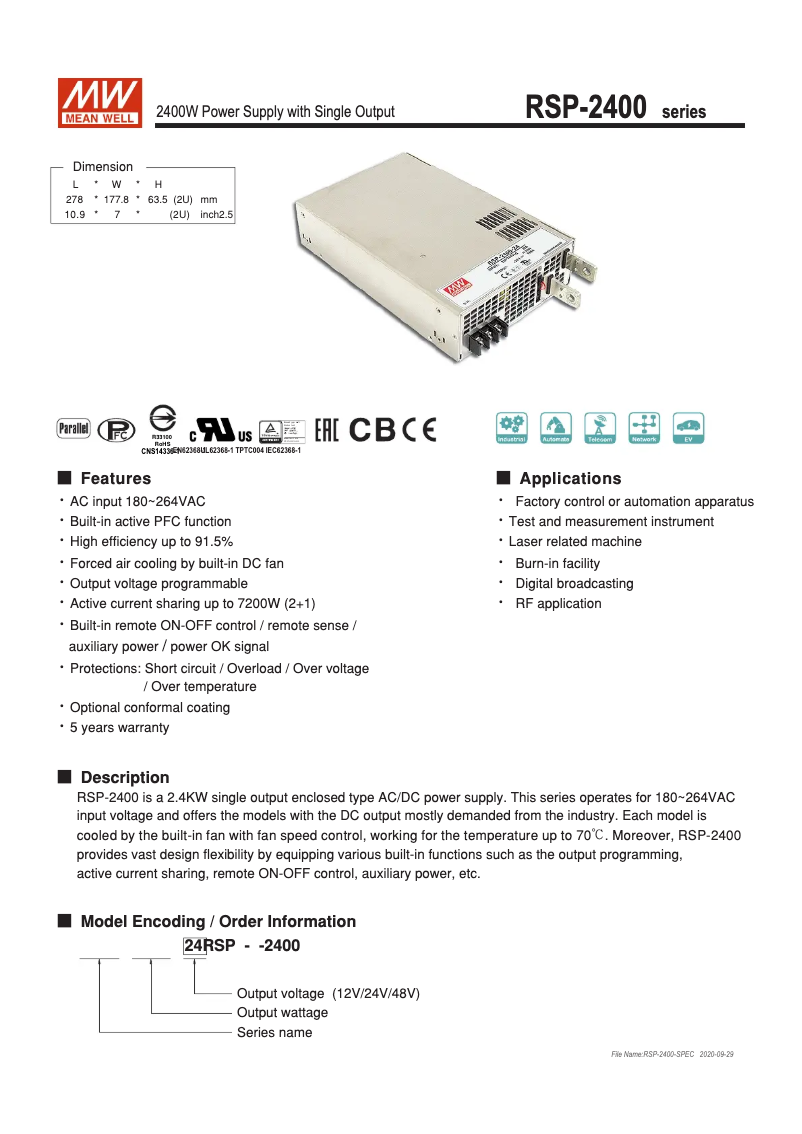Page 1 de la notice Manuel utilisateur Mean Well RSP-2400-48