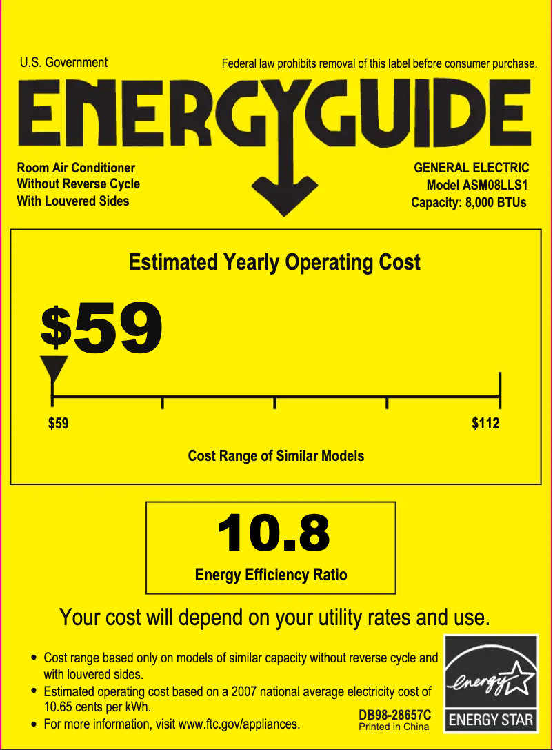 Page 1 de la notice Label énergétique GE ASM08LL