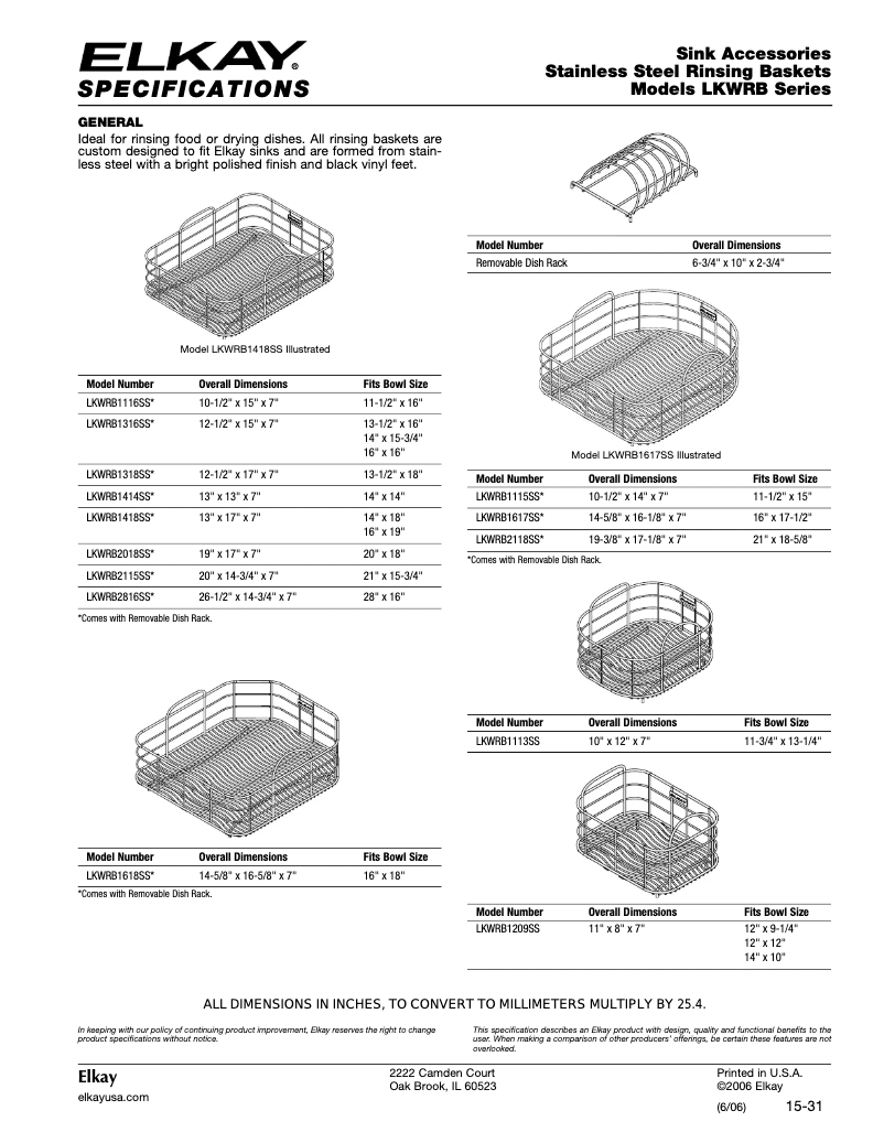 Page 1 de la notice Fiche technique Elkay LKWRB1316SS