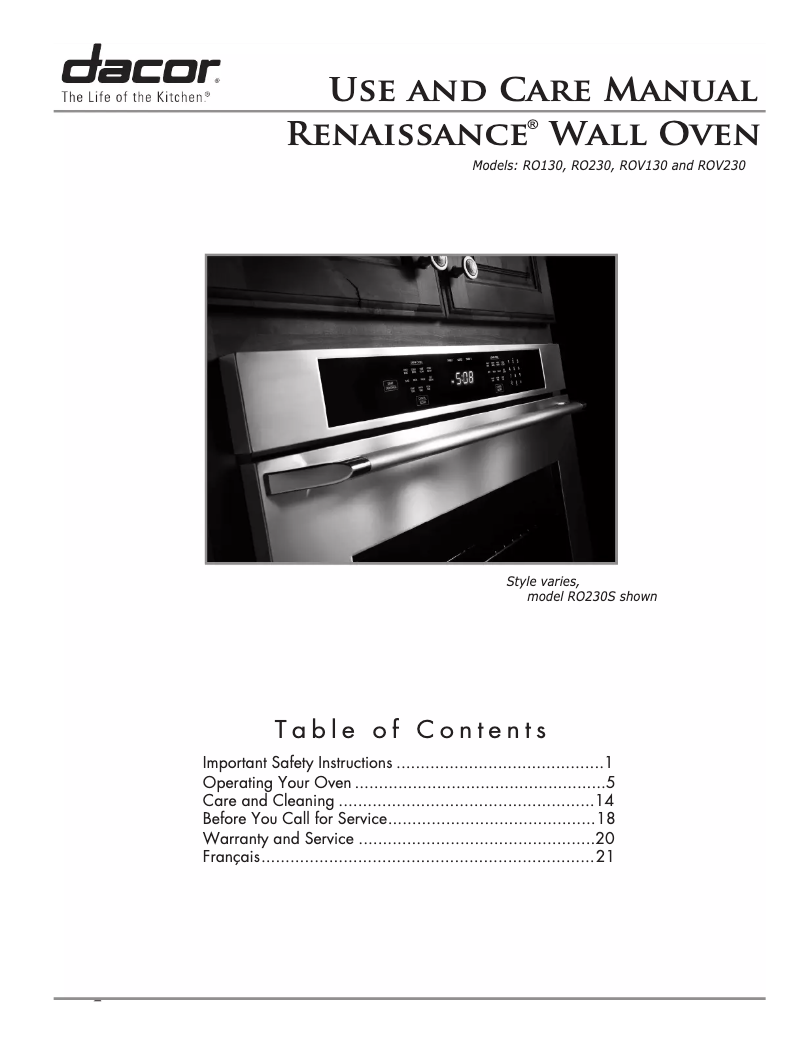 Page n°1 - Manuel utilisateur Dacor RNWO130PW