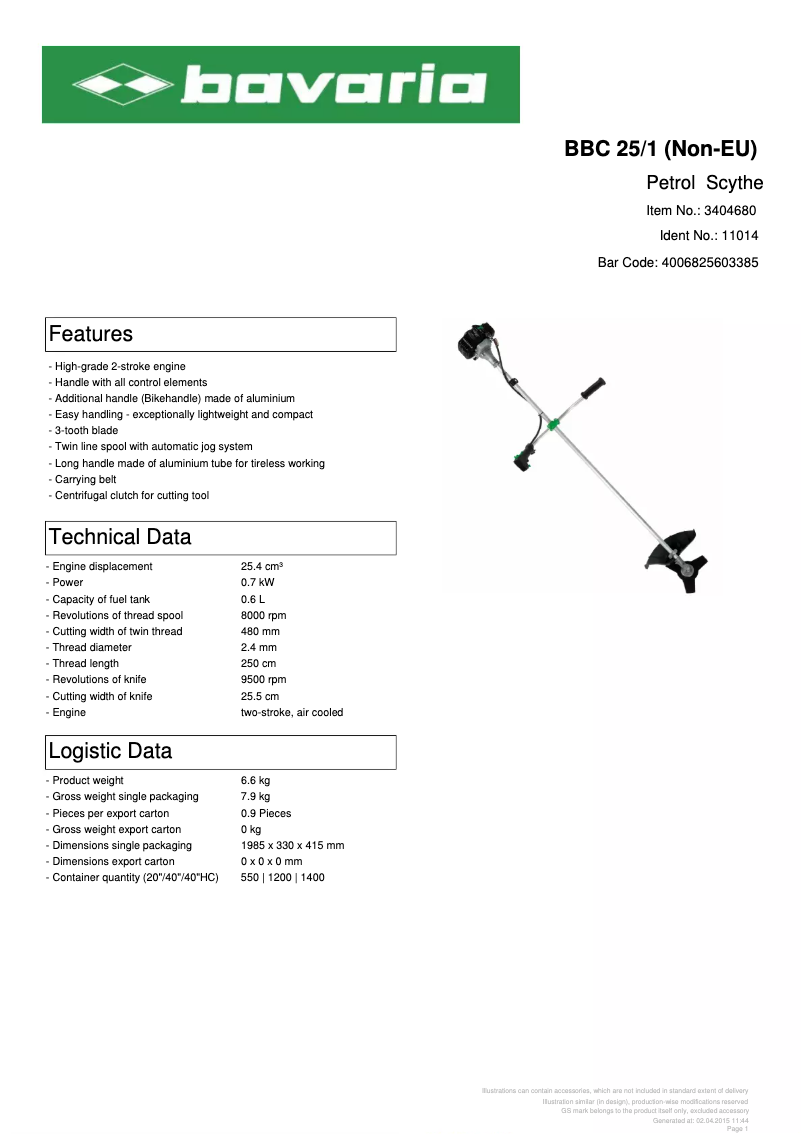 Page 1 de la notice Fiche technique Bavaria BBC 25/1