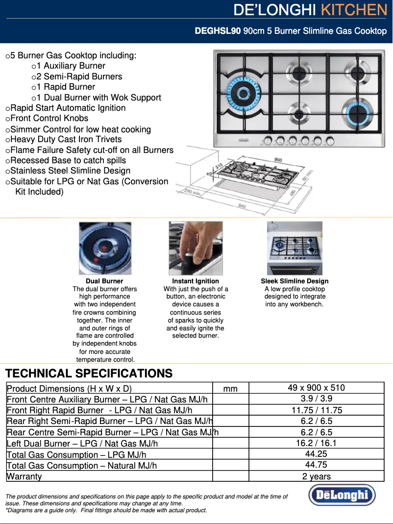 Page 1 de la notice Fiche technique DeLonghi DEGHSL90