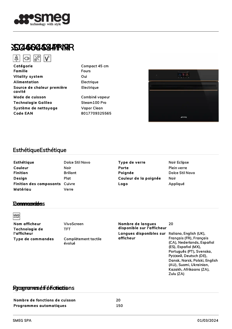 Page n°1 - Fiche technique Smeg SO4604S4PNR