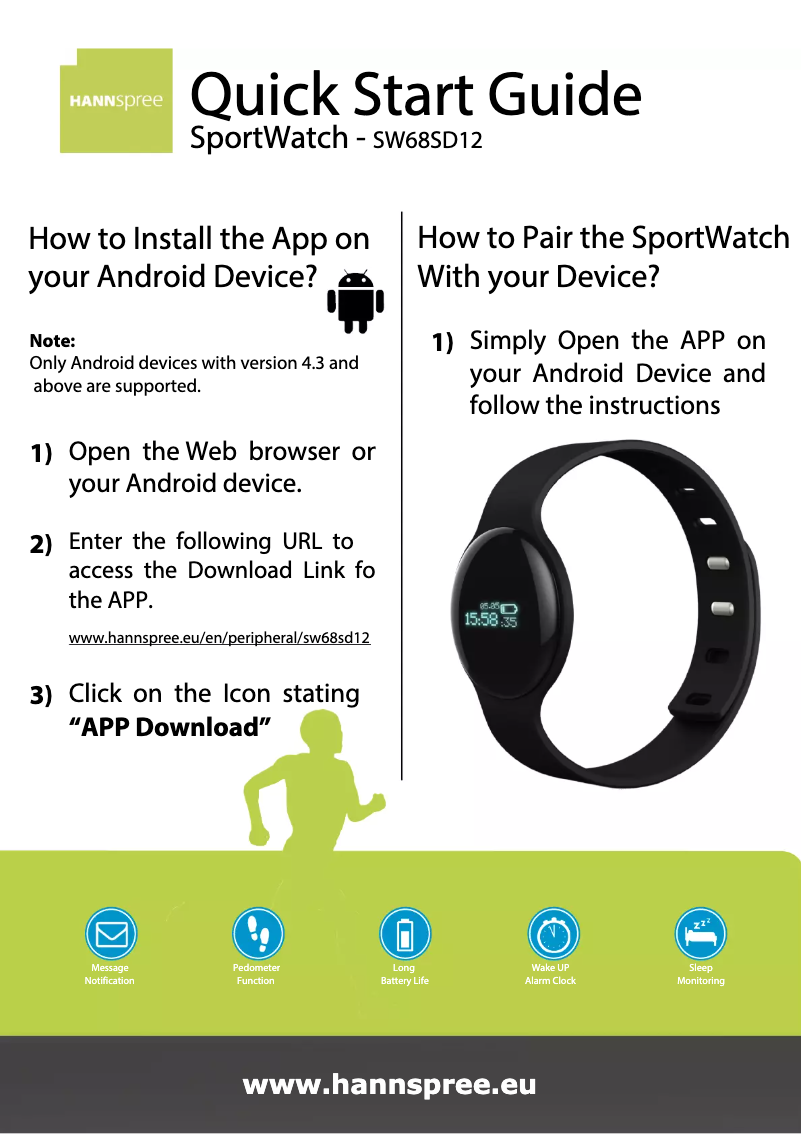 Page 1 de la notice Manuel utilisateur Hannspree SportWatch SW68SD12