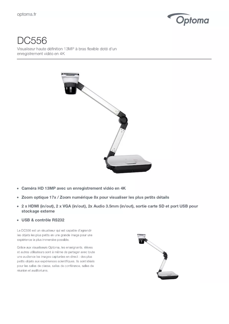 Page 1 de la notice Fiche technique Optoma DC556