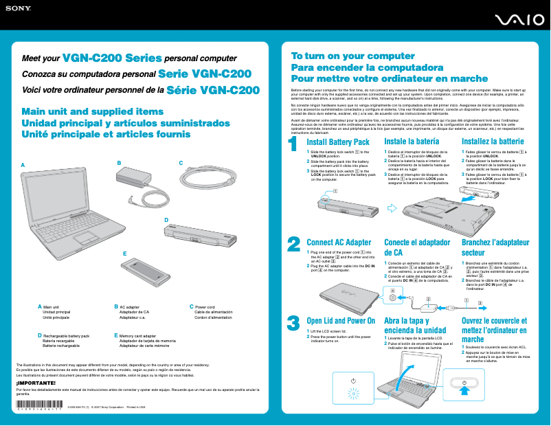 Page 1 de la notice Guide d'installation Sony Vaio VGN-C250N